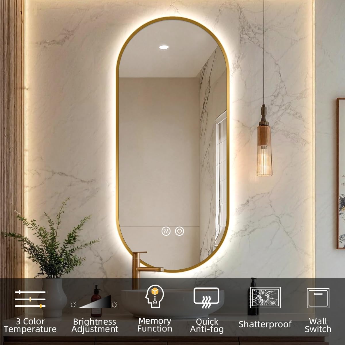 20" W x 32" H Gold Oval LED Bathroom Mirror with Lights
