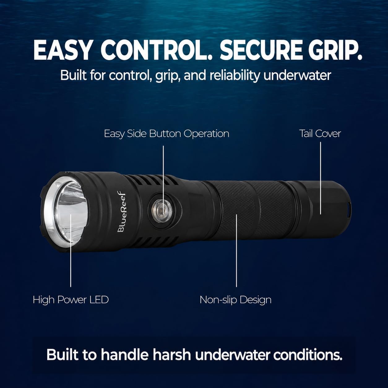 Blue Reef 1200 Lumens Compact Scuba Dive Light, 5Hr Runtime / 2Hr Burn Time at Full 1200LM Power – 100m Waterproof Diving Flashlight, USB-C Rechargeable for Scuba, Snorkeling, Night Diving