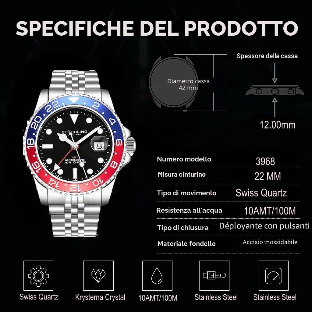 Stührling Orologio da uomo Original con movimento GMT e bracciale Jubilee in acciaio inossidabile, al quarzo, doppio fuso orario, regolazione rapida, data con corona a vite
