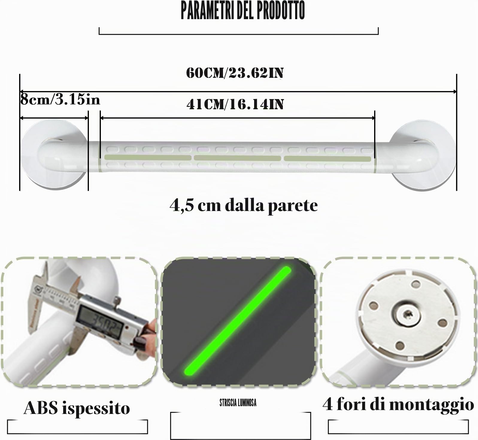 Maniglione doccia, Maniglione bagno disabili, Maniglioni per Anziani In Acciaio Inossidabile, Maniglie antiscivolo di sicurezza, 60 cm, antiscivolo, in ABS 304, in acciaio inox, per bambini, anziani