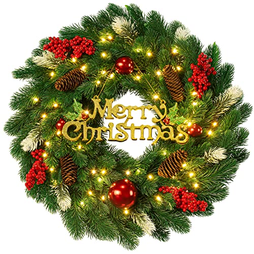 Pre-Lit Artificial Christmas Wreath, Lighted Xmas Wreath for Front Door with Battery Operated 40 LED Lights, Decorated with Pine Cones, Berry Clusters, Christmas Collection, 18 Inches Pre-Lit Artificial Christmas Wreath, Lighted Xmas Wreath for Front Door with Battery Operated 40 LED Lights, Decorated with Pine Cones, Berry Clusters, Christmas Collection, 18 Inches