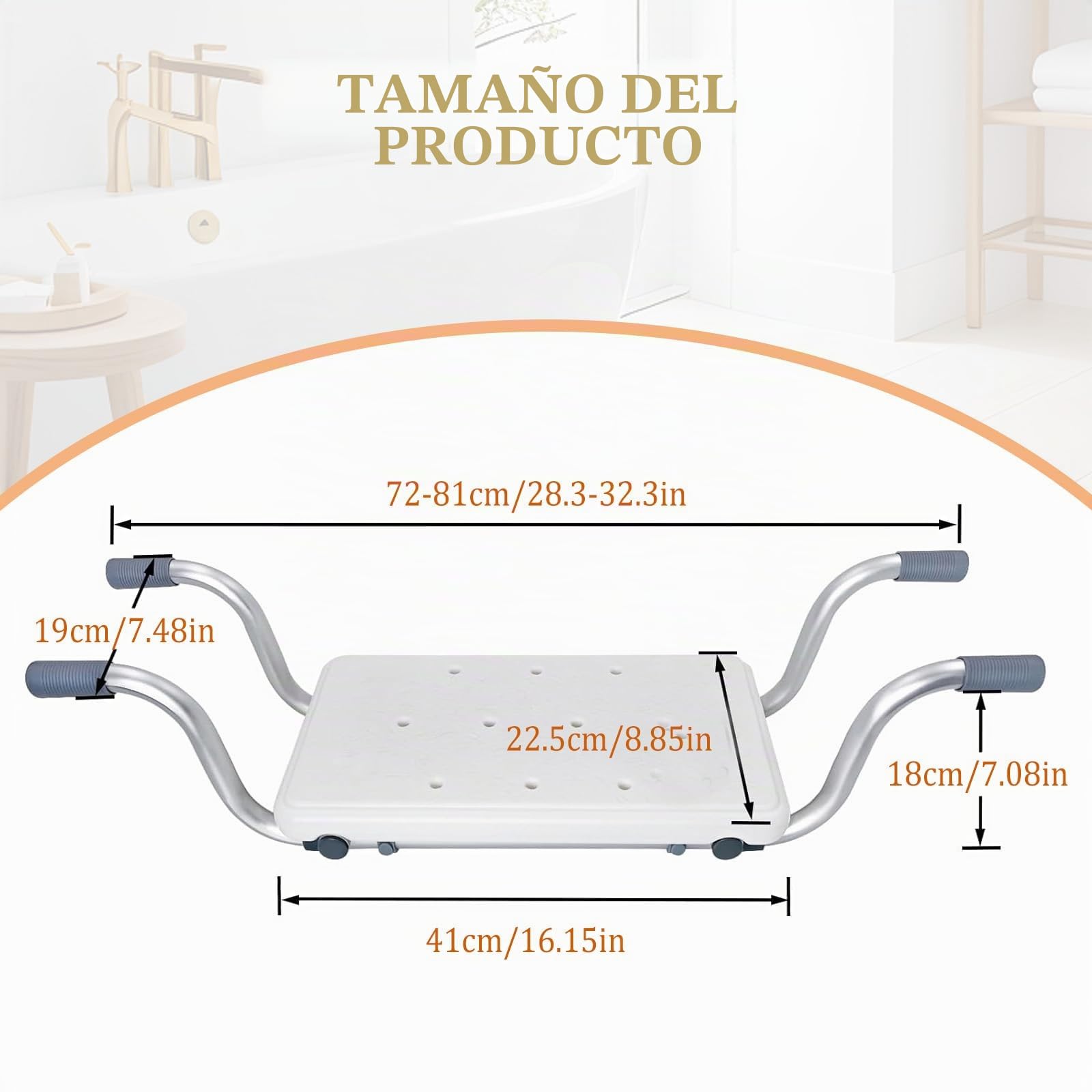 Asiento de bañera, Tablas Extensibles de 72 – 82 cm, Capacidad de Carga de 136 kg,Asiento de baño Ajustable para bañera Tabla de bañera, con Asa de Agarre, Asiento de bañera para Adultos