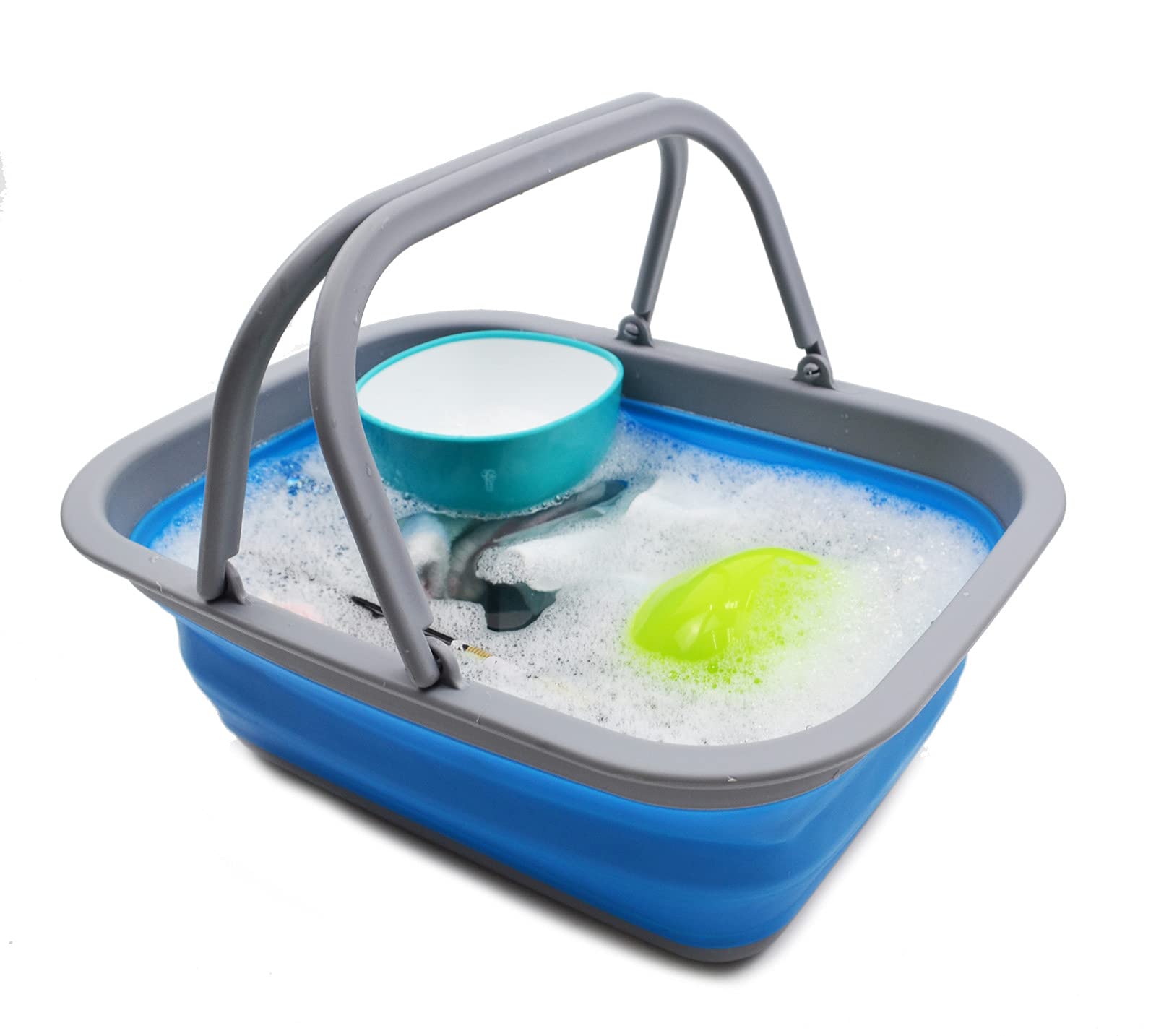SAMMART Bañera plegable de 9.2 L con asa, cesta portátil de picnic al aire libre, bolsa de compras plegable, contenedor de almacenamiento para ahorrar espacio (negro y azul, 2)