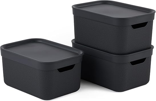 Jive Dekobox Set of 3 5 L Storage Boxes with Lids, Plastic Recycled PP, Dark Grey, 3 x 5 L 26.5 x 18.5 x 20 cm, Darkgray