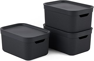 Jive 3er Set Aufbewahrungsbox mit Deckel klein 5 l, Kunststoff (PP recycelt), mit Flechtmuster, dunkelgrau, 3x5l (26,5 x 18,5 x 13,5 cm)