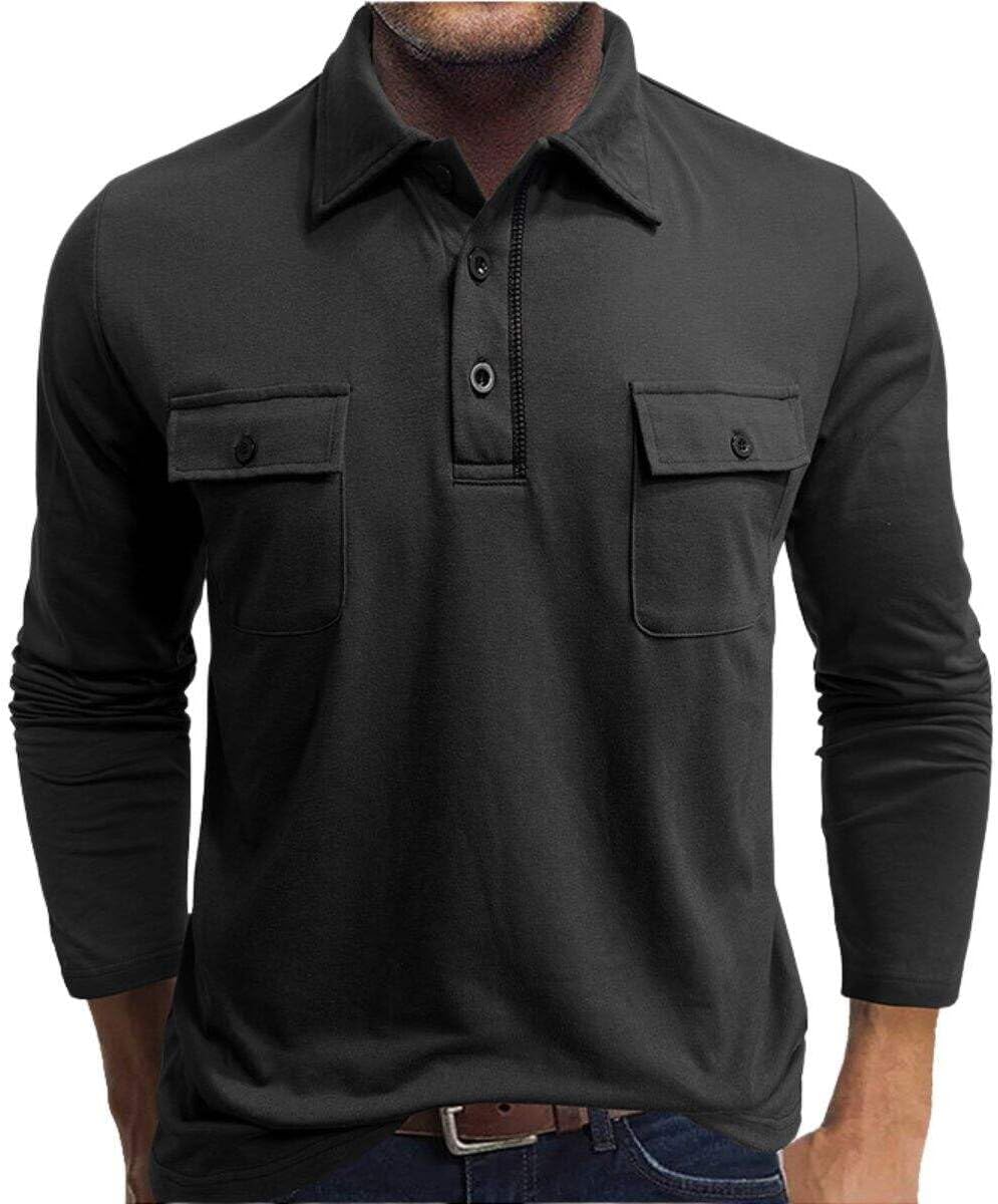 YABTF Long Sleeve Polo Shirts for Men Cotton Basic Solid Color Golf Shirt Button Collared Work Shirts with Pockets
