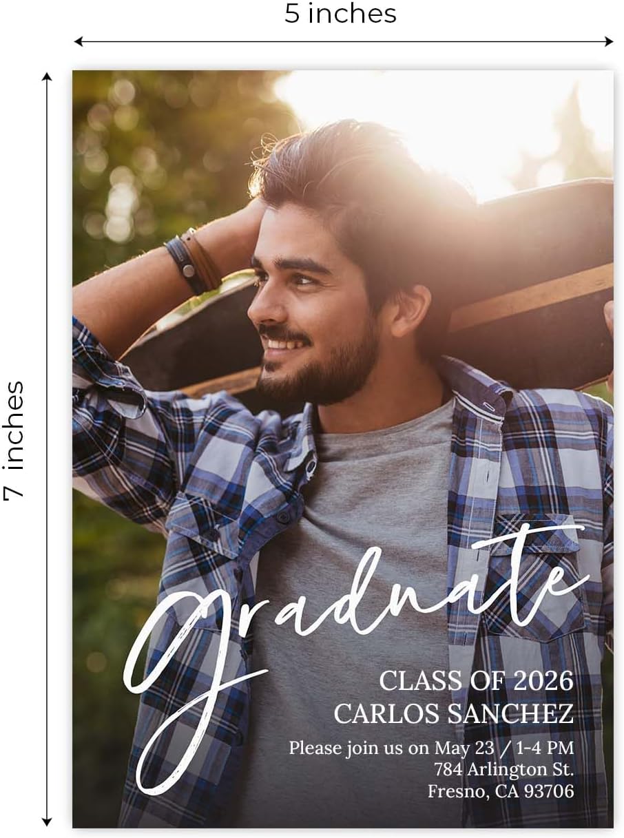 Personalized Vertical Photo White Script Graduate Invitations / 25 Custom Image Overlay Graduation Party Invites With White Envelopes / 5" x 7" Flat Modern Grad Announcement Cards/Made In The USA