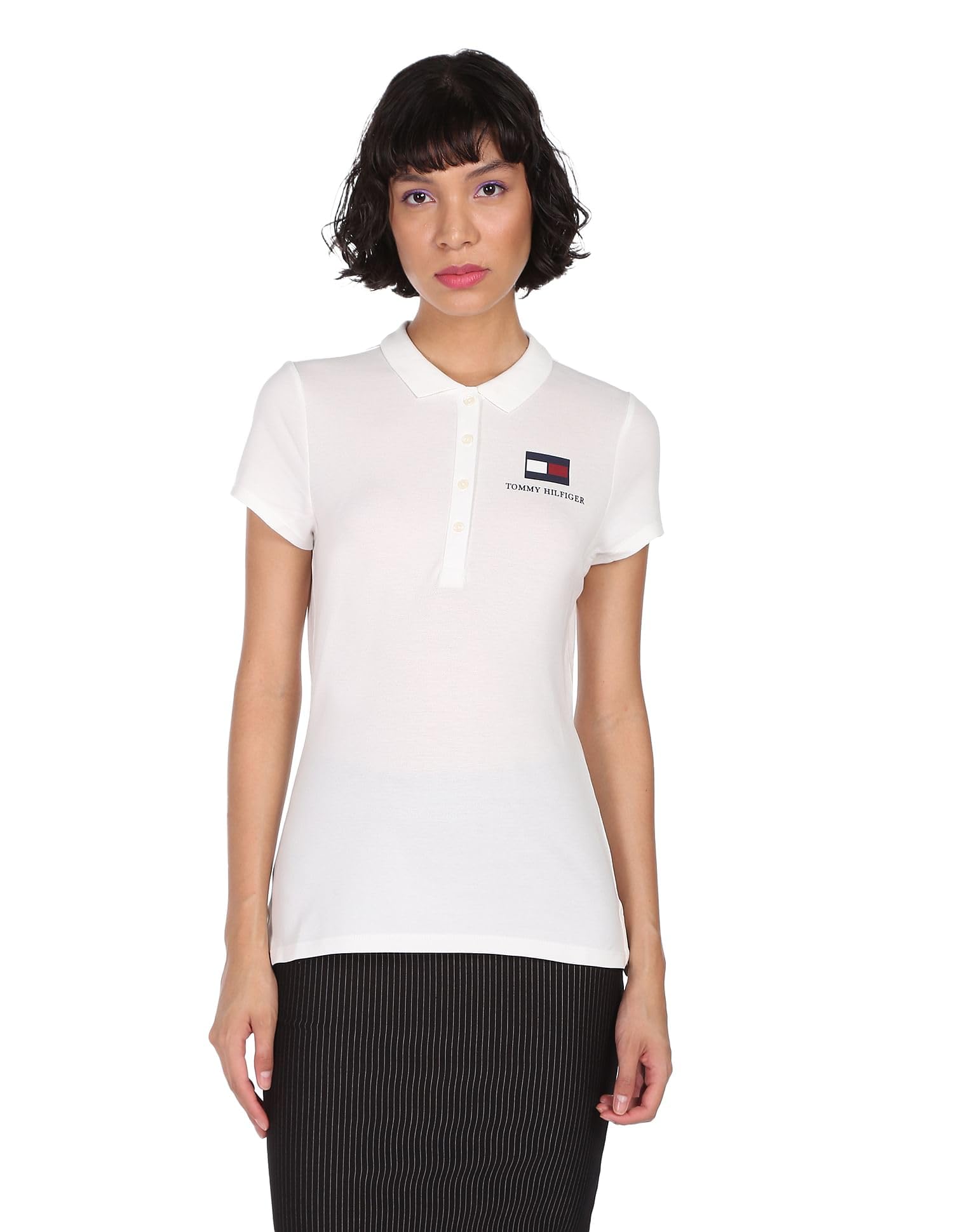 tommy hilfiger Women White Heritage Flag Print Slim Fit Polo Shirt-picture-30