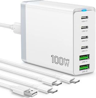Charger Station Multi USB C Charger Wall Chargeur Boxeroo Total 100W 4USBC + 2USBA Ports Fast Charging Block with 6ft USB C Cable Compatible with Pro/Air, iPad, iPhone 14, Samsung Galaxy
