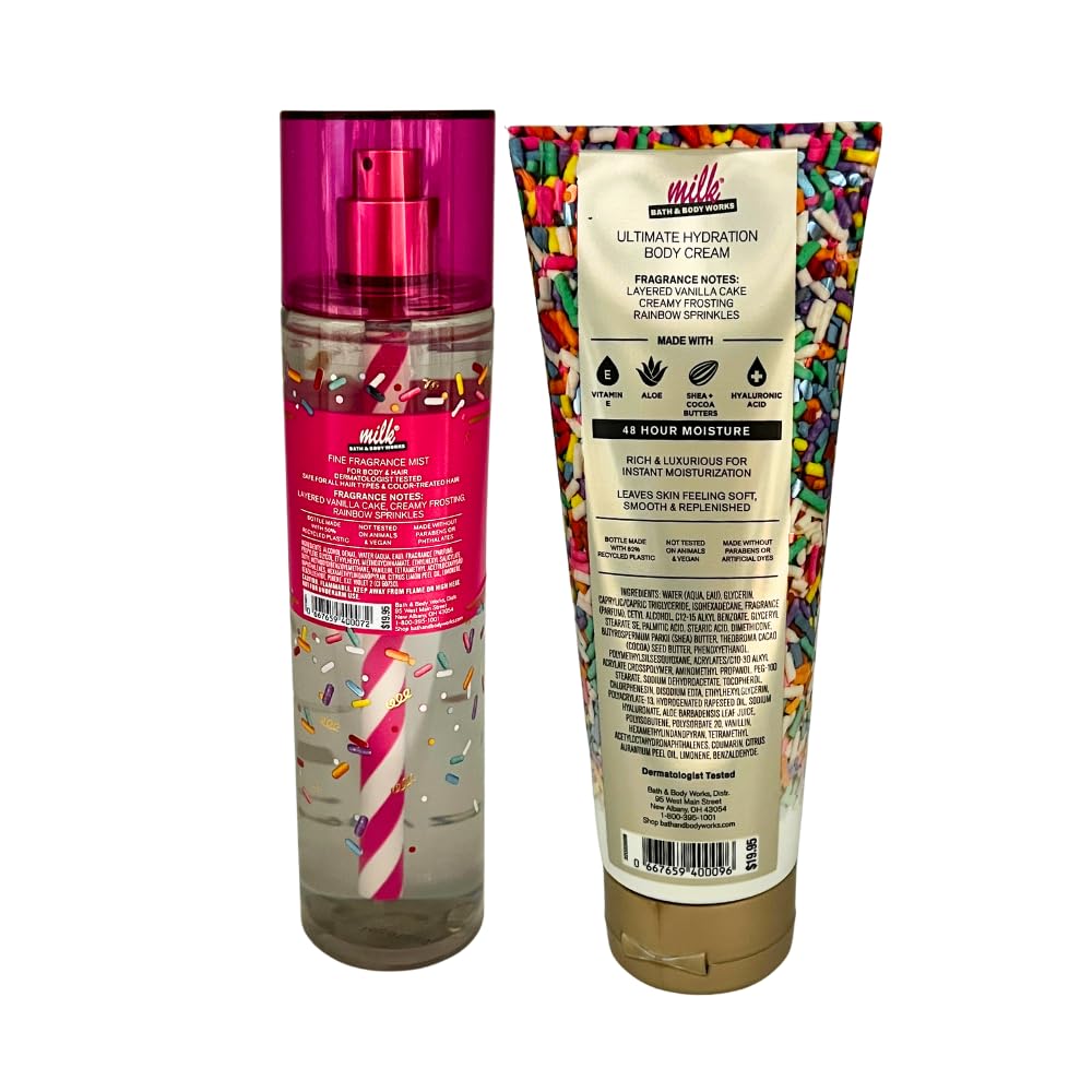 Bath & Body Works MILK BAR BIRTHDAY CAKE Fine Fragrance Mist & Body Cream 2pc Gift Set with 30-Inch Metallic Gold & Silver Striped Ribbon Bow for Birthdays & Holidays – Full Size