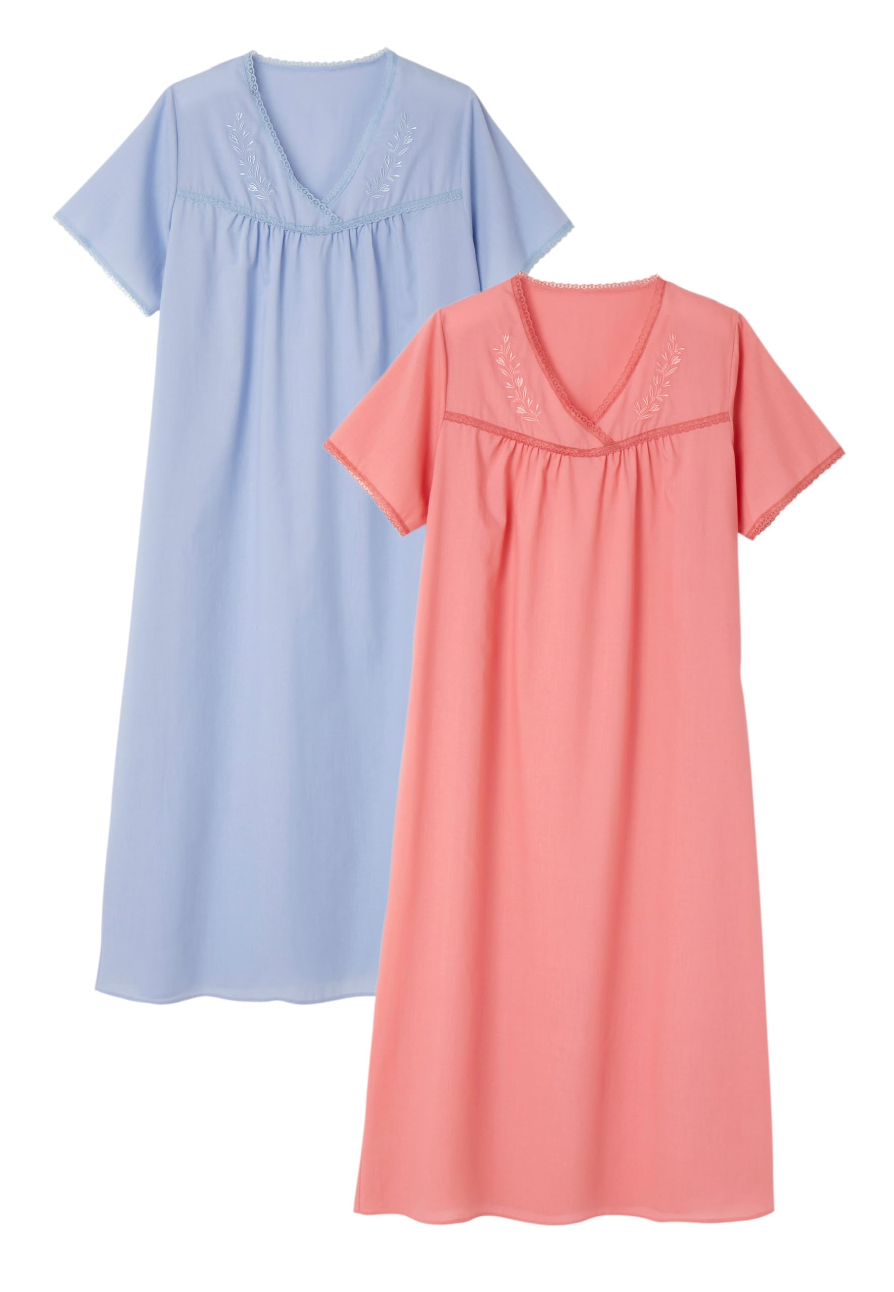Damart Pack Of 2 Embroidered Nightdresses Women Nightwear V Neck Short Sleeves Pink
