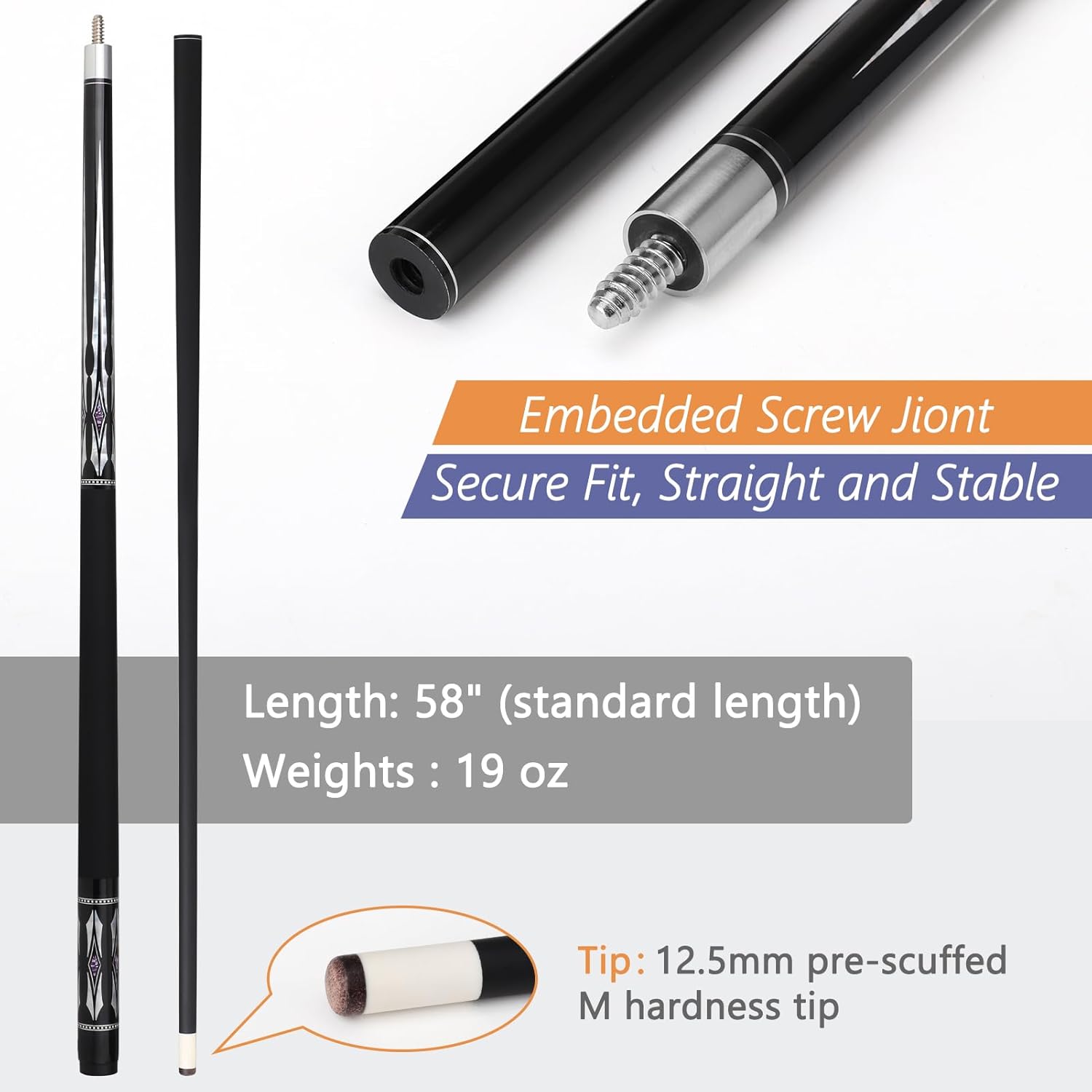 Glass Fiber Pool Cue Stick with Case Combo Set, 12.5mm Professional Pool Stick 58" Low Deflection Billiards Cue Stick 19 Oz Pool Cue Set for Men Adults Players