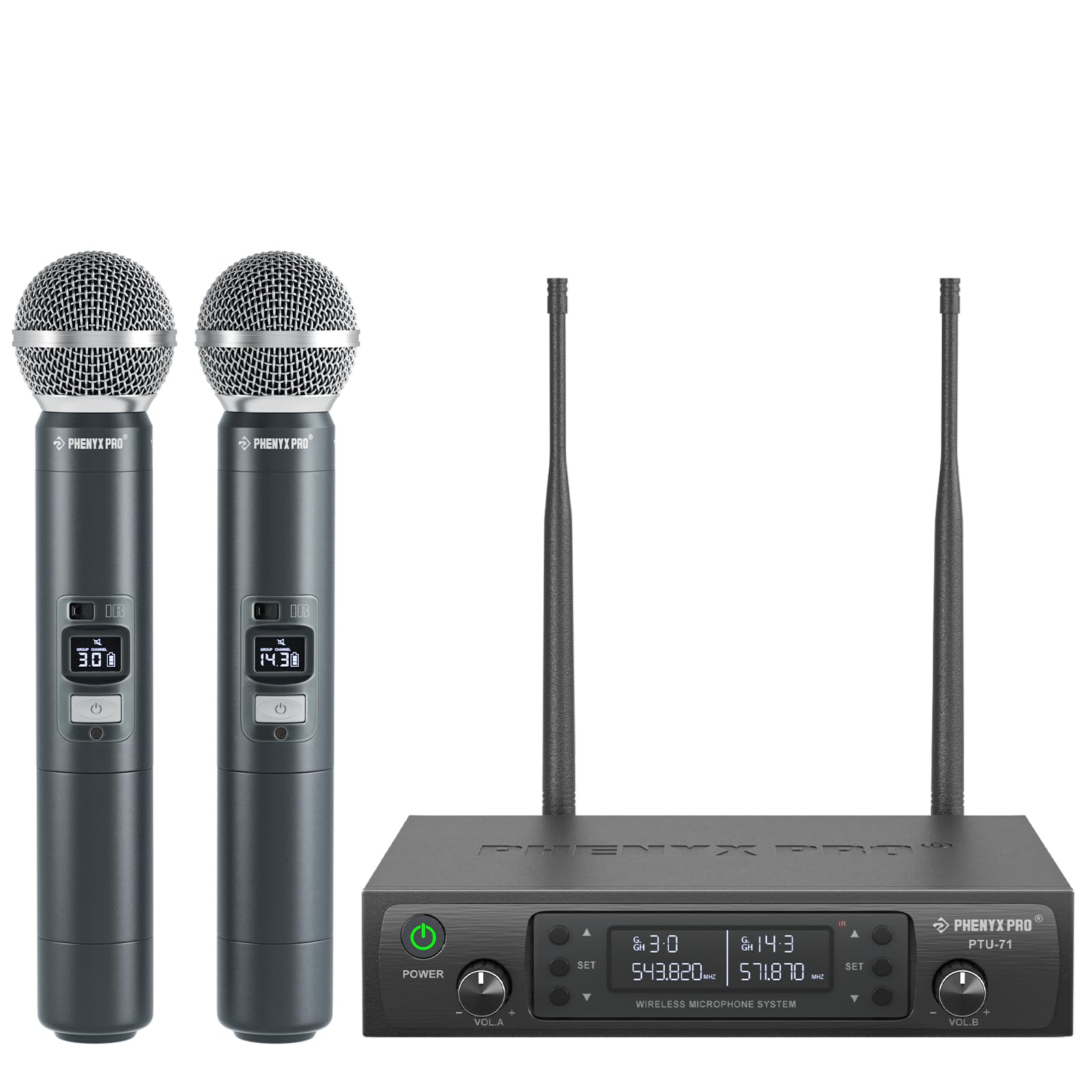 Phenyx Pro Système de Microphone sans Fil PTU-71A, 2x100 Canaux UHF, 328ft Range, Microphone pour Chant
