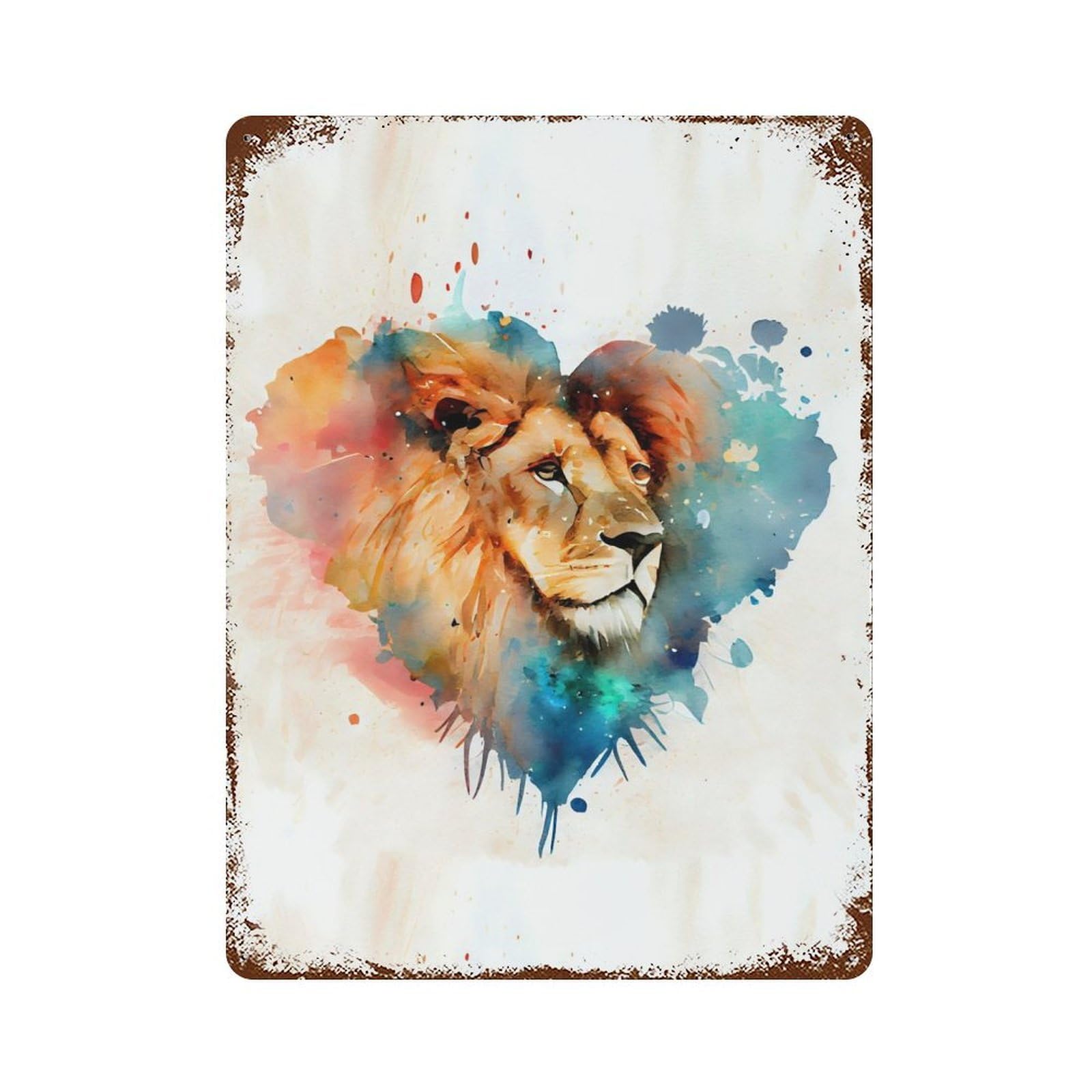 Lion Face in Heart Vintage Wall Sign 15.7"x11.8", Rust Effect Metal Decor for Cafe, Home Bar And Lounge Decor