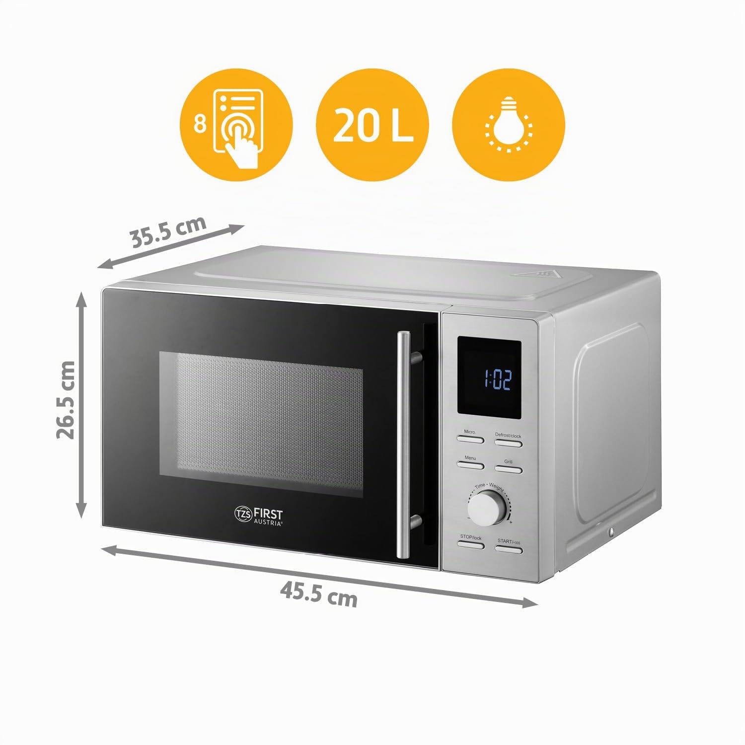 TZS First Austria microondas con función grill | 20L de capacidad (bruta) | función de inicio rápido | pantalla LCD | 8 programas automáticos | acero inoxidable