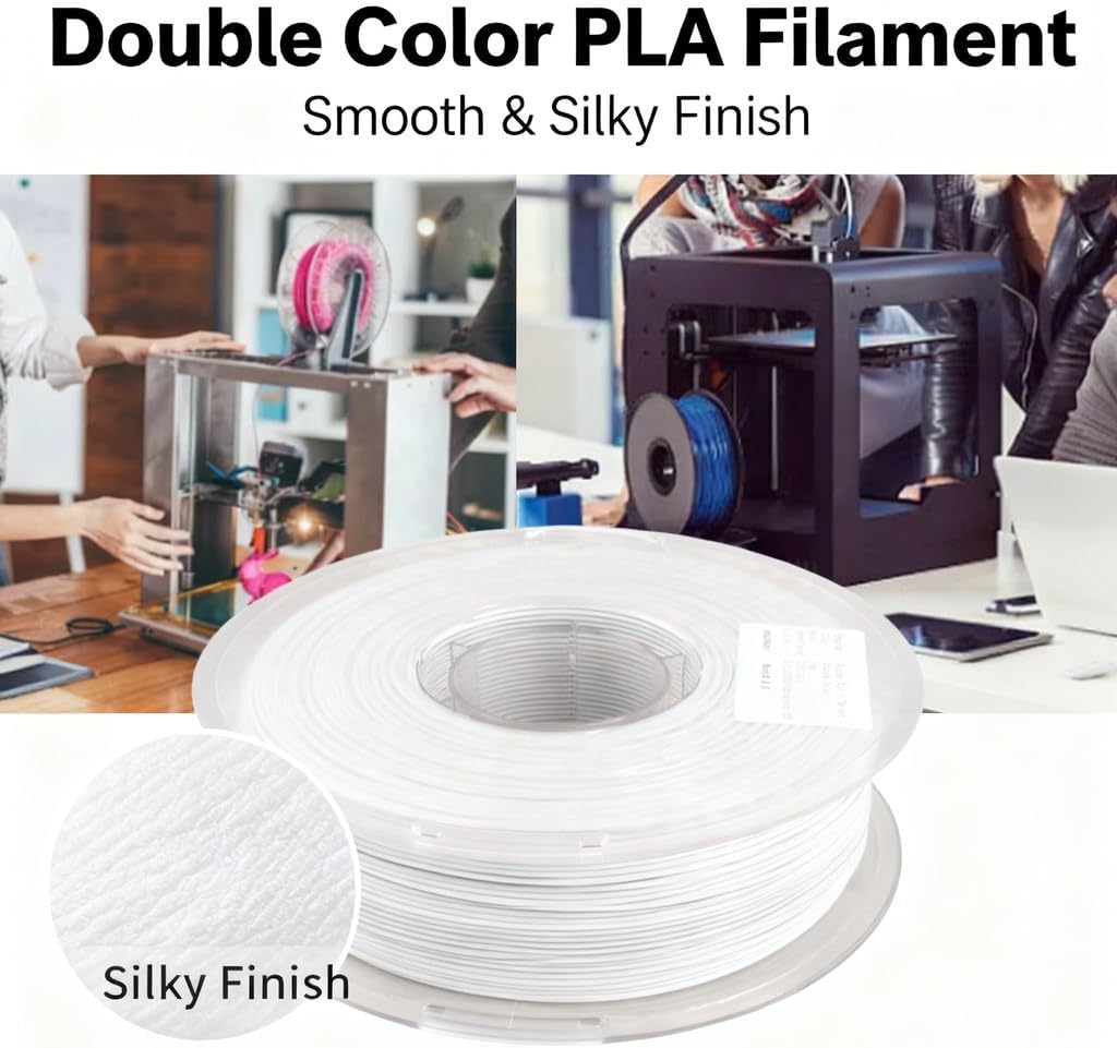 Silk Filament 1.75mm PLA Double Color Black and White 2kg Bundle - Shiny Glossy Finish, Smooth Silky 3D Printer Filament for High Detail Dual - Color Prints
