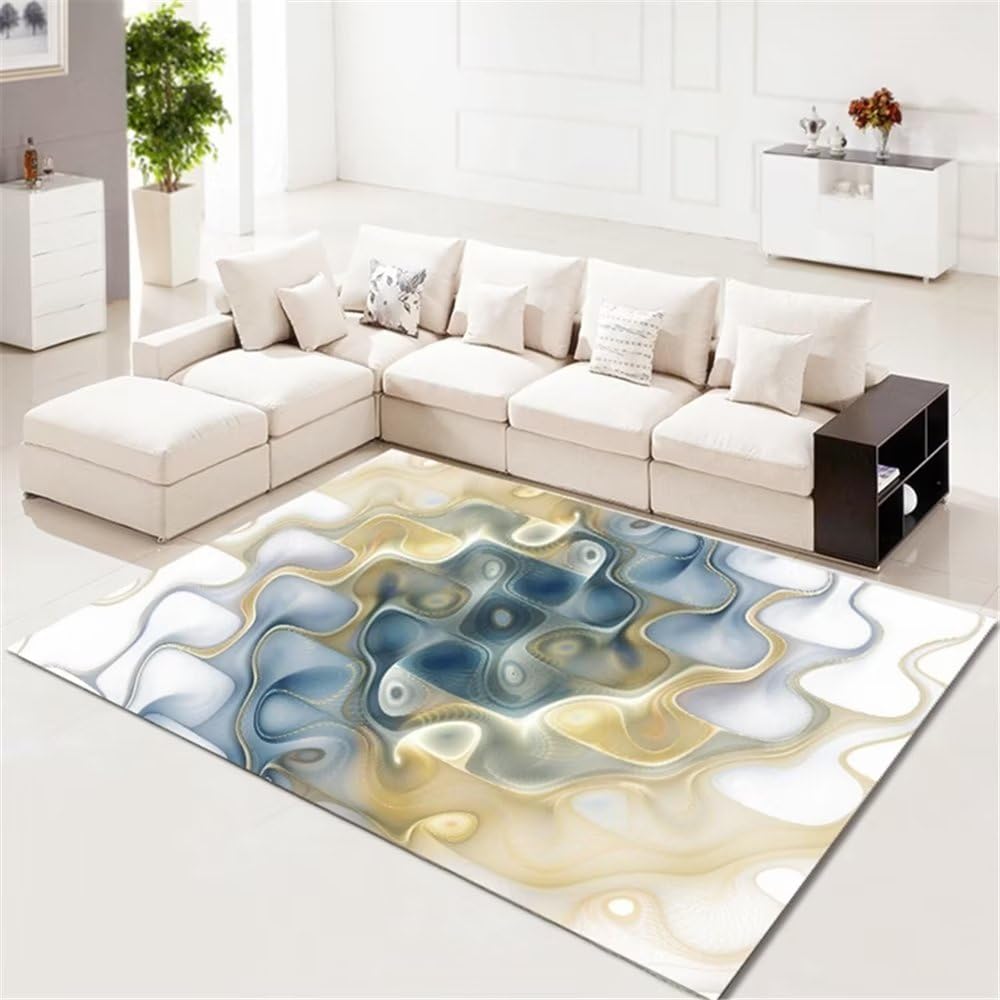 Tapis lavable bleu et durable avec motif abstrait géométrique 180x250 cm pour salon