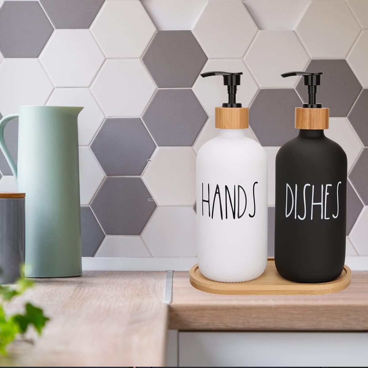 4 Pcs White and Black Hand and Dish Soap and Lotion Dispenser Set with Tray Farmhouse Decor for Bathroom Kitchen Sink