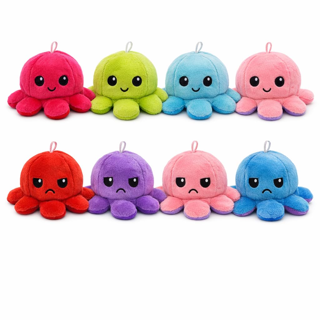 USTASS Pack de 4 colores – Peluche de pulpo reversible 10 cm – Doble cara de humor feliz y gruñón con enganche – Kawaii - 1