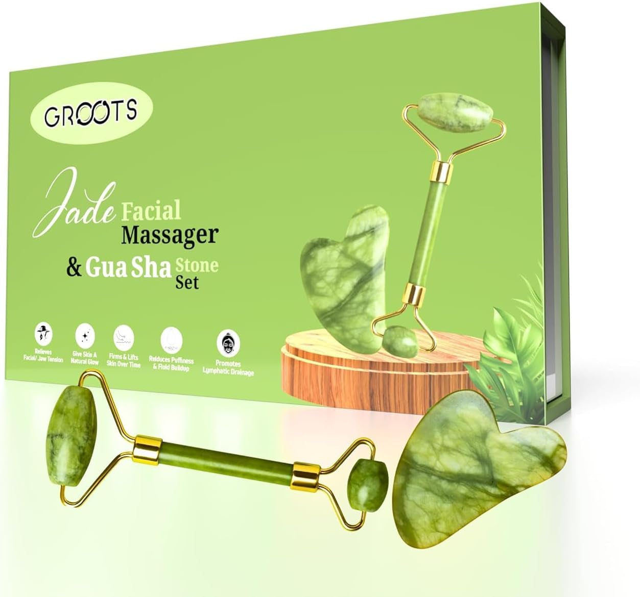 Groots Jade Facial Massager & Gua Sha Tool Natural Himalayan Stone for Face Neck Healing Skin Wrinkles & Serum | Application Improves Facial Micro Circulation, Reduces Puffiness & Wrinkles, Improves Skin Elasticity (Pack 1)