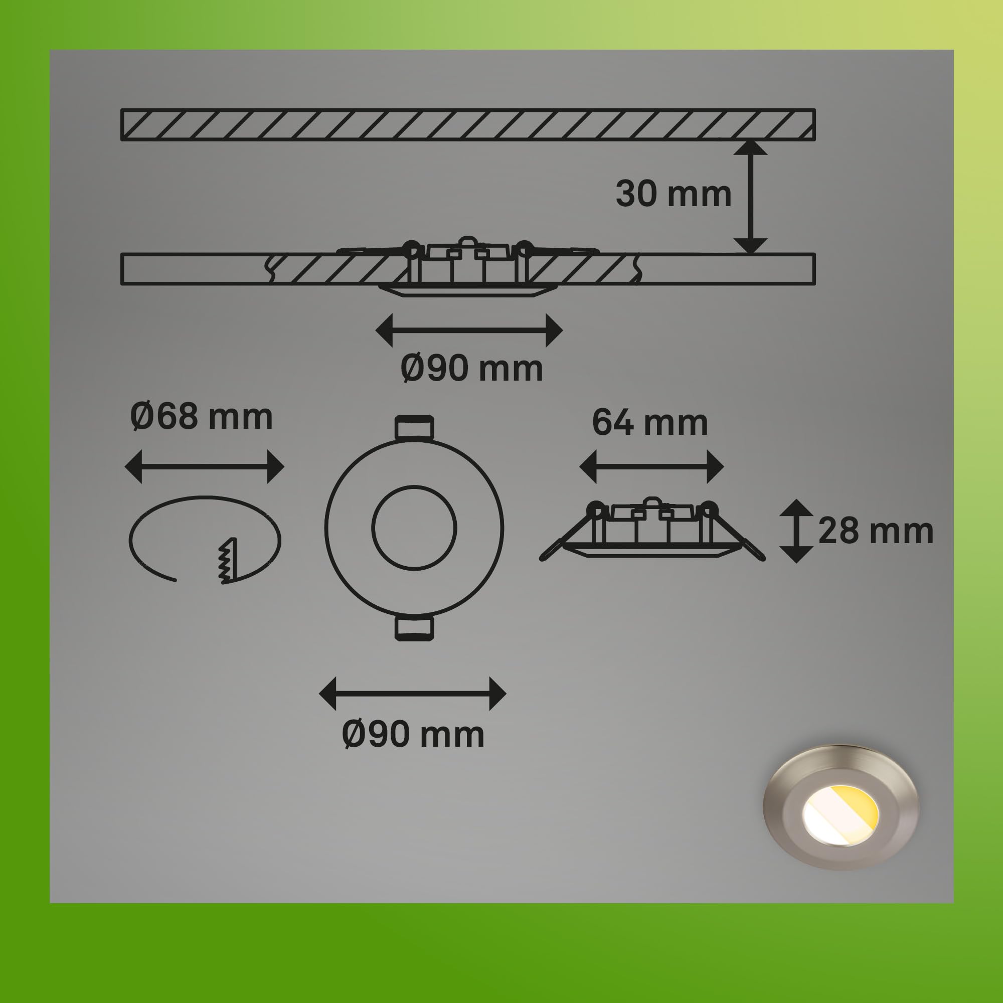 BRILONER - 6er Set LED Bad Einbaustrahler 230V Gehäuse 50% recycelt, Farbtemperaturwechsel, Dimmbar, IP44, Ra90, LED Spot, flach, Decke, Einbauleuchten, Badezimmer, 68mm, 90x30mm (DxH), Matt-Nickel