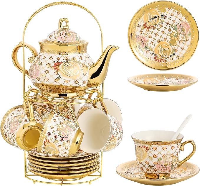 Image of DEEDECORWAVE Premium Ceramic Tea Set of 13 PCS Teapot (800ML) with 6 Cups (180ML Each), 6 Saucers & Holder Stand Elegant Gift for Tea Lovers Ideal for Home, Office & Parties (Check White)