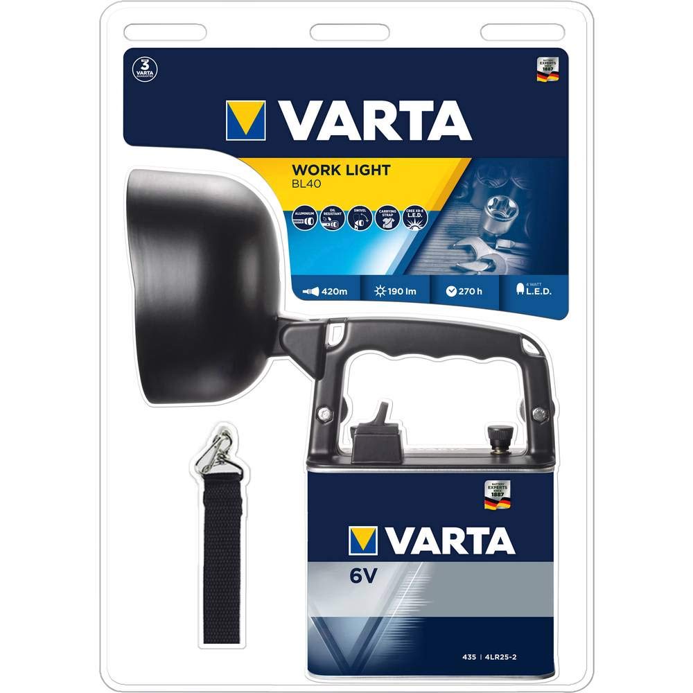 VARTA LED Work Light BL40 (incluye 6 V 4LR25 - 2),lámpara de mAhno, Lámpara de trabajo, duración de hasta 270 horas - con correa de transporte | 145° cabezal ajustable en altura, resistente al aceite, incl. Lo Power 6 V pila, pilas de repuesto disponibles