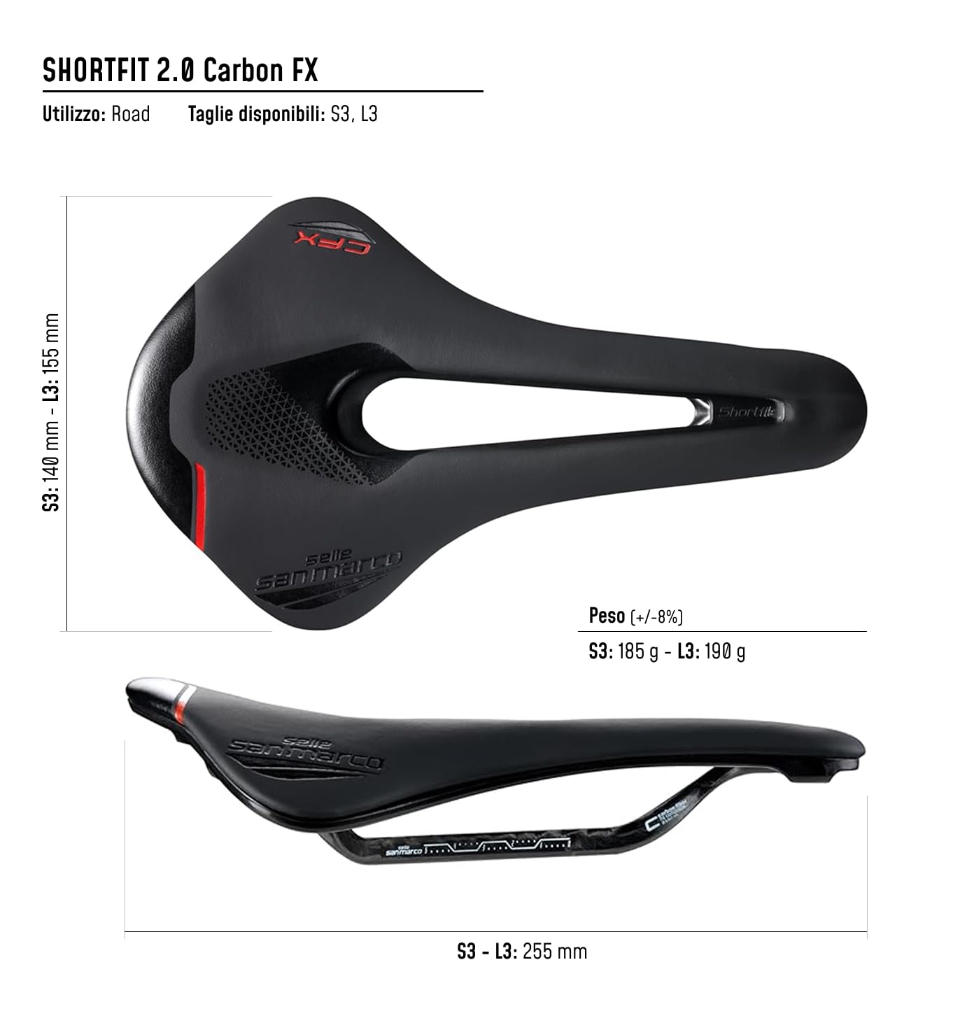 Selle San Marco SHORTFIT 2.0 Carbon FX - Sella per Bicicletta da Corsa, Telaio in Carbonio, Leggera e Performante