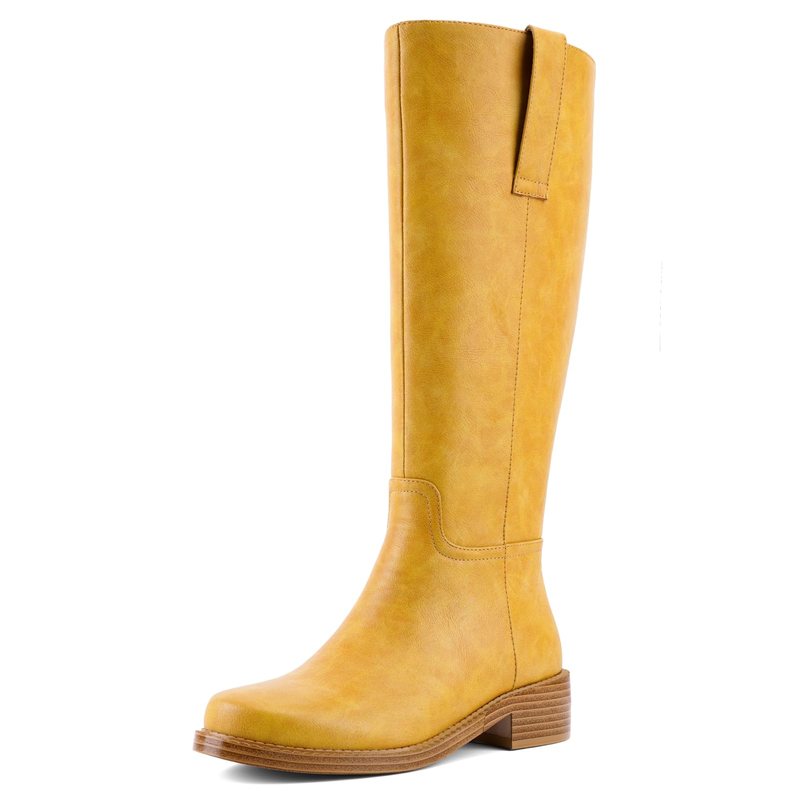 Womens Square Toe Chunky Heel PU Leather Knee-High Boots Multiple Colors Black Burgundy Yellow Brown Stylish Casual Dress