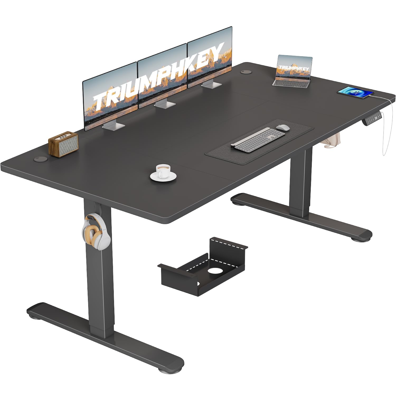 TRIUMPHKEY Scrivania Elettrica Regolabile in Altezza, 160 x 80 cm, 3 Funzioni Memoria, Porta USB, Con 2 ganci, Tavola Splice Standing desk, In Piedi Adatta Per Casa E Ufficio, Nero+Nero