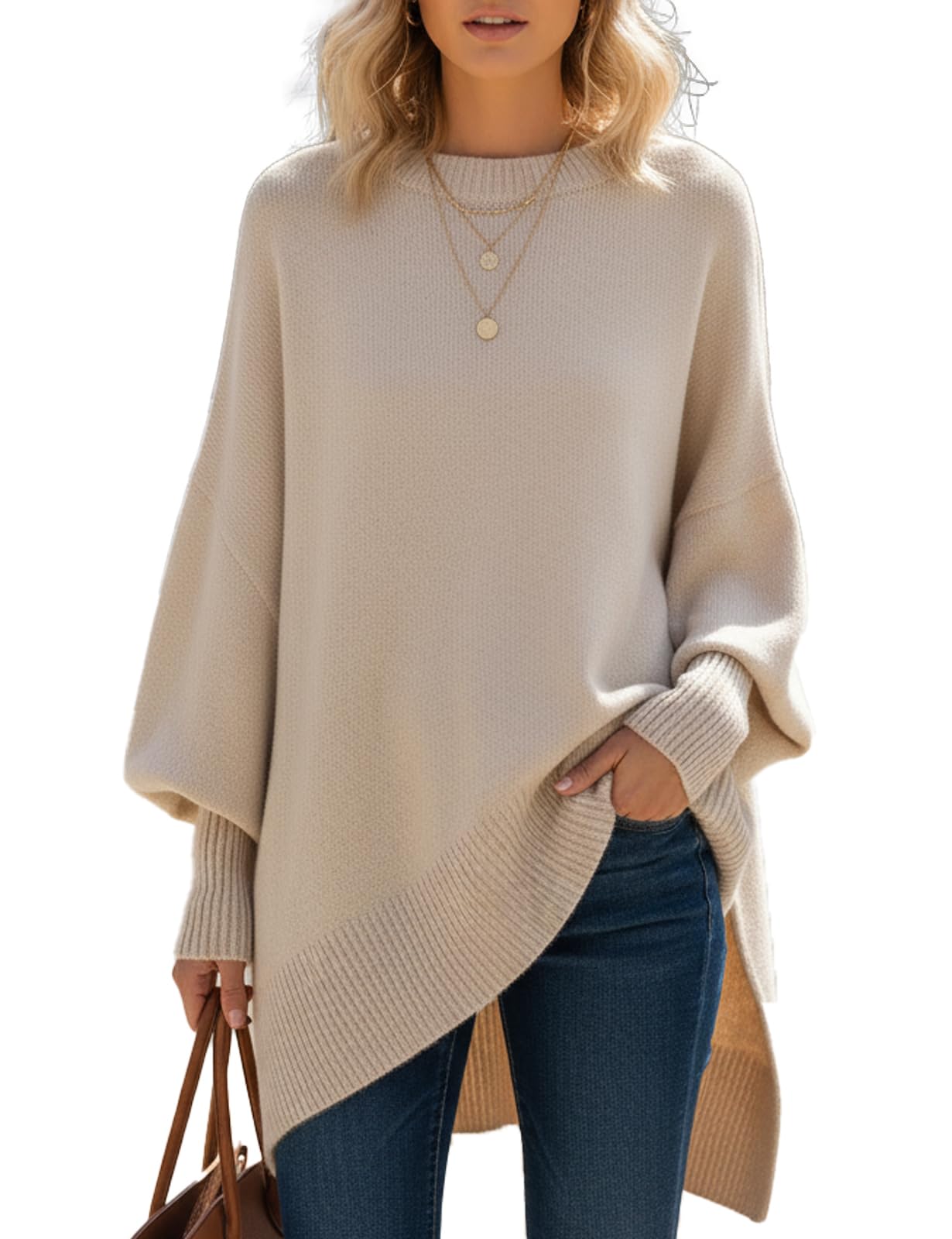 Womens Beige Oversized Knit Poncho Sweater Cozy Loose Pullover Top with Ribbed Crew Neck for Fall Winter Casual