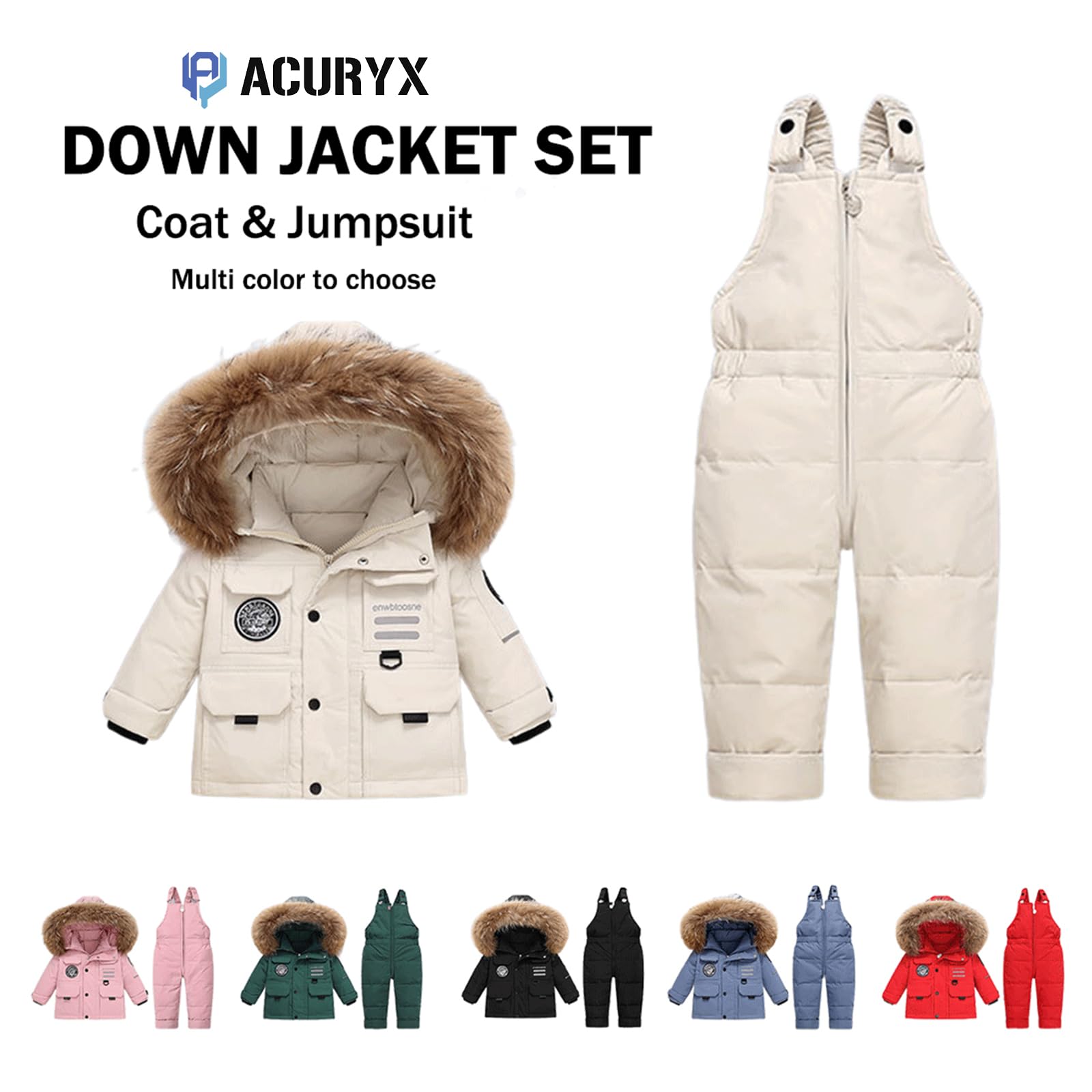 Tuta da Neve 2 Pezzi da Bambini Capppotto Piumino con Cappuccio Pellicia + Salopette da Neve Bambina Giacca Invernale Impermeabile