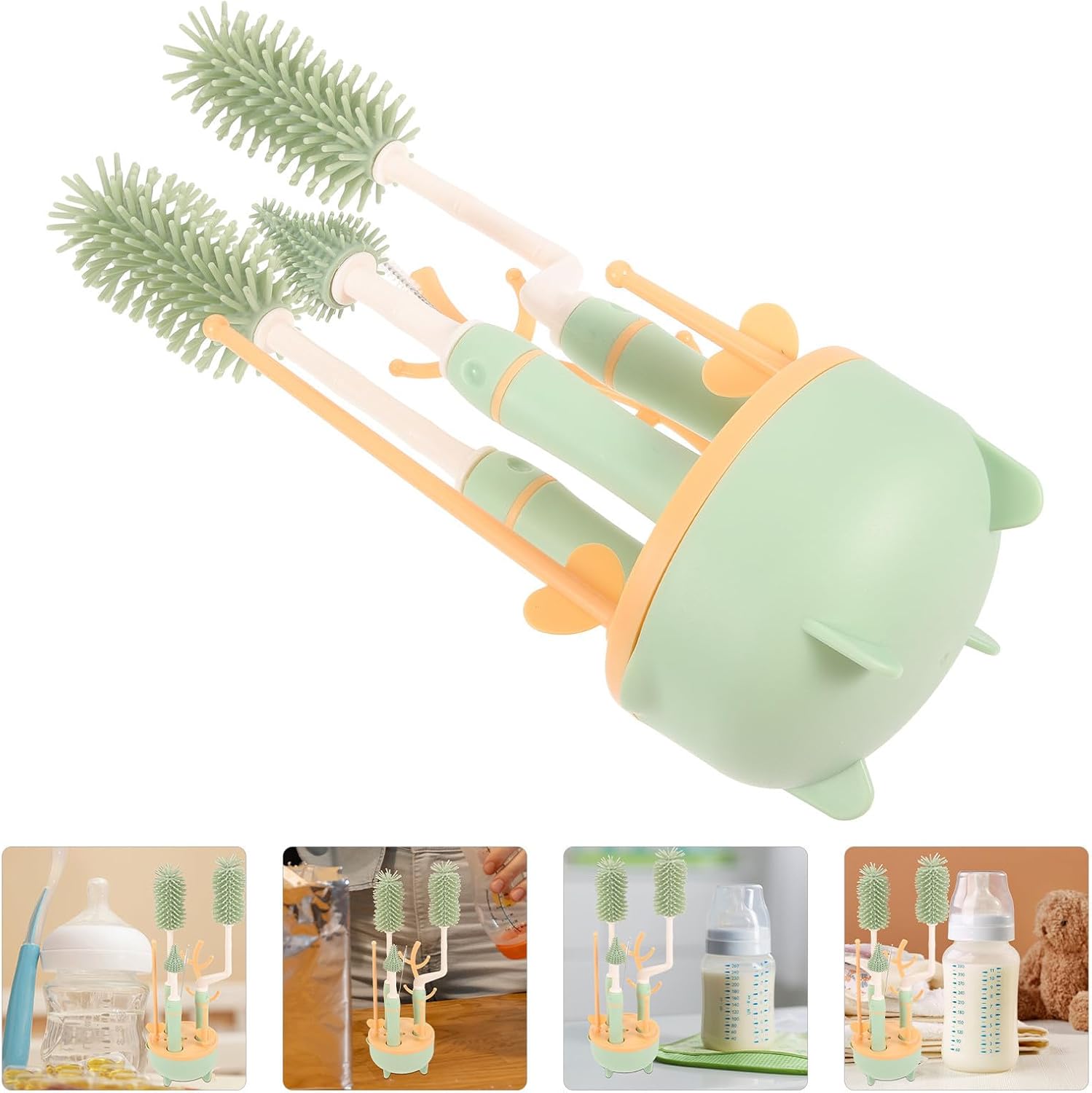Milk Bottle Brush Set with Stand, Long Handle, 360-degree Rotation