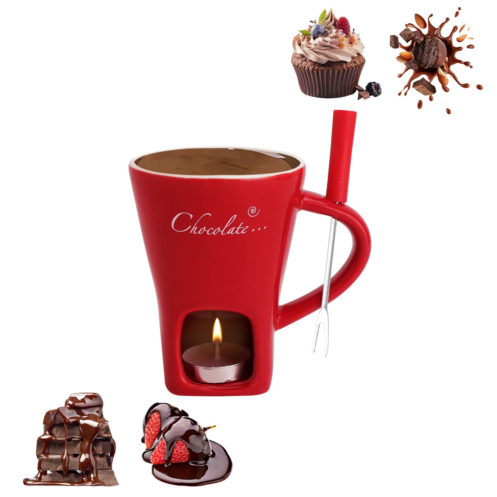 Taza de cerámica para fondue de chocolate, 130 ml, con portavelas y tenedores, fondue de chocolate, juego de fondue de chocolate, juego de fondue de chocolate, cazo para chocolate y queso, mantequilla