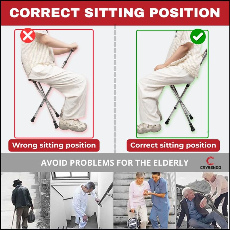 Image of Crysendo Walking Stick Cum Seat for Elders | Stick Chair Folding Durable & Comfortable Cane stik Stool | Easy Carry Cane Chair Travel Hiking Hand Stick Cum Stool (Black) (Black (3 Legs))