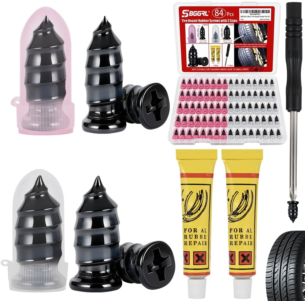 Kit de clavos de goma para reparación de neumáticos, 84 piezas, tapones roscados para neumáticos para pinchazos y orificios, kit de herramientas de clavos de goma con tapón tipo tornillo de emergencia para automóviles, motocicletas, camiones, automóviles, UTV, tractores, reparación plana sin cámara