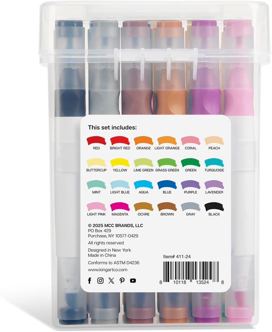 KINGART Twin-Tip Watercolor Pens, 24 Unique Colors - Broad Chisel & Brush Tip - Ideal for Bullet Journaling, Sketching, Painting - Ergonomic Designs