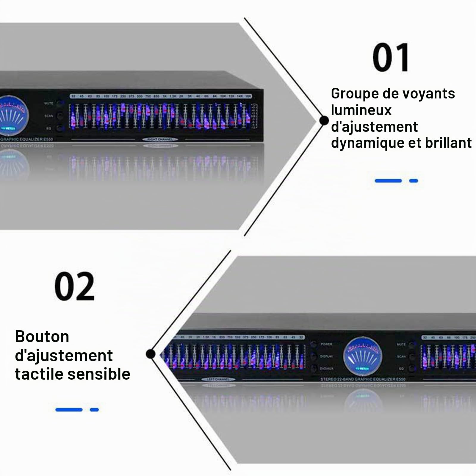 Égaliseur Audio 22 Bandes, Égaliseur Graphique Stéréo, Montage en Rack 1U À Deux Canaux, avec 10 Effets Prédéfinis, Réduction Automatique du Bruit