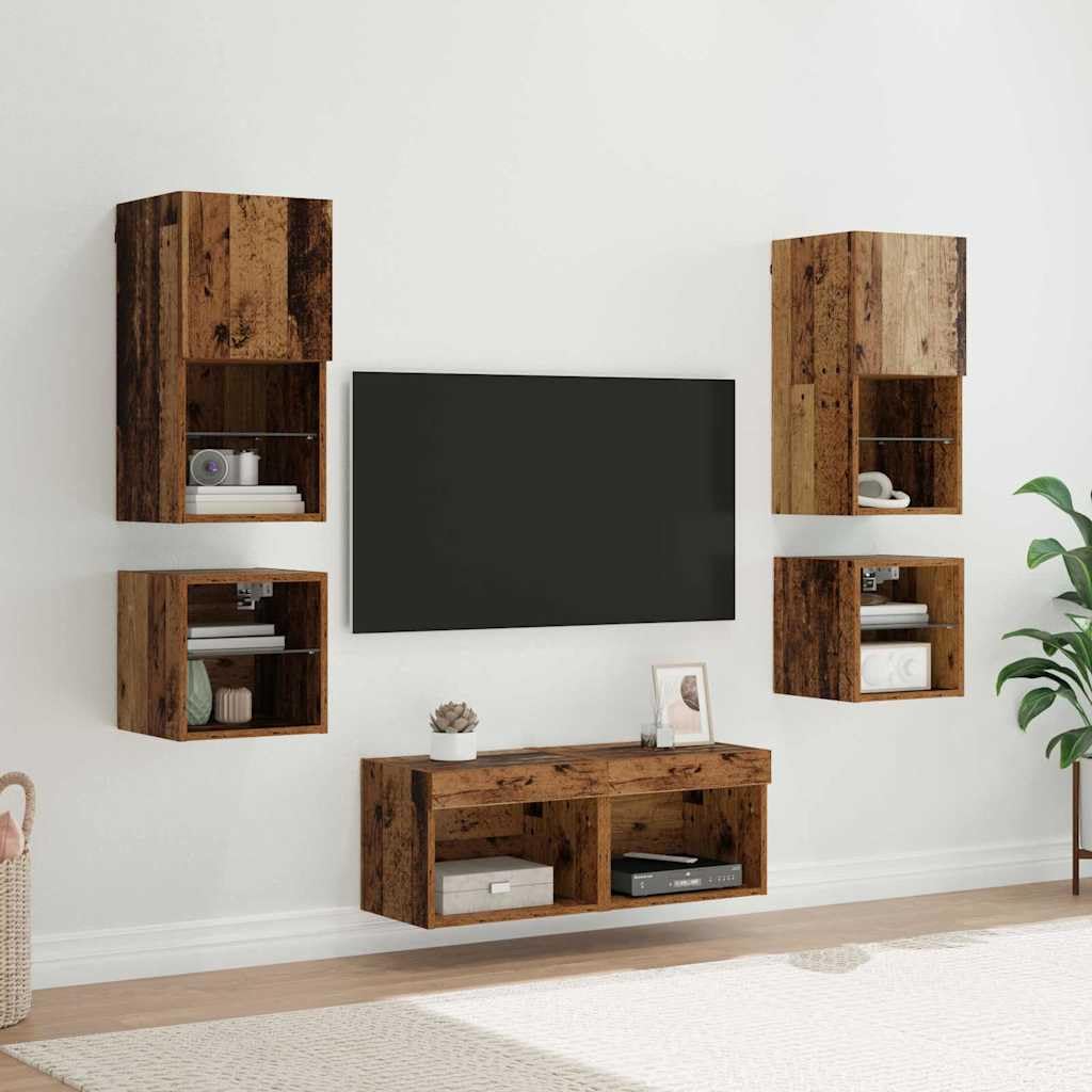 Meuble TV mural gain de place bois vieilli lot de 8 rangements