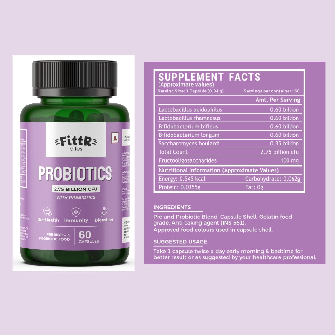 Fittr Bits Probiotics Supplementary with Prebiotics, supports digestion, lactobacillus bacteria, single pack (60 capsules) for intestine digestive health for men and women Fittr Bits Probiotics Supplementary with Prebiotics, supports digestion, lactobacillus bacteria, single pack (60 capsules) for intestine digestive health for men and women