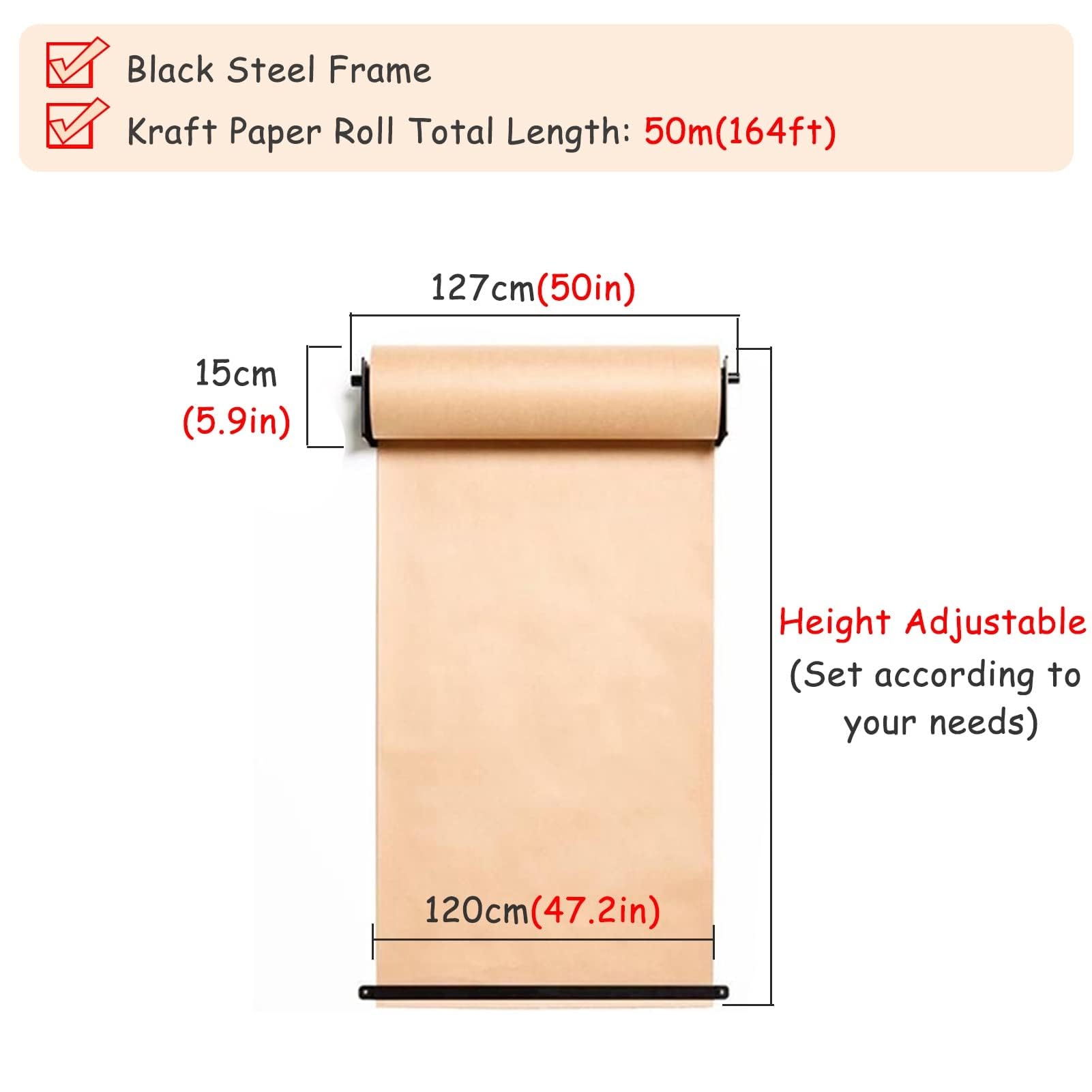 Porta rotolo di carta kraft da parete, dispenser di carta resistente, con rotolo di carta kraft marrone da 50 m, telaio in acciaio largo 37 cm per esigenze di artigianato e imballaggio