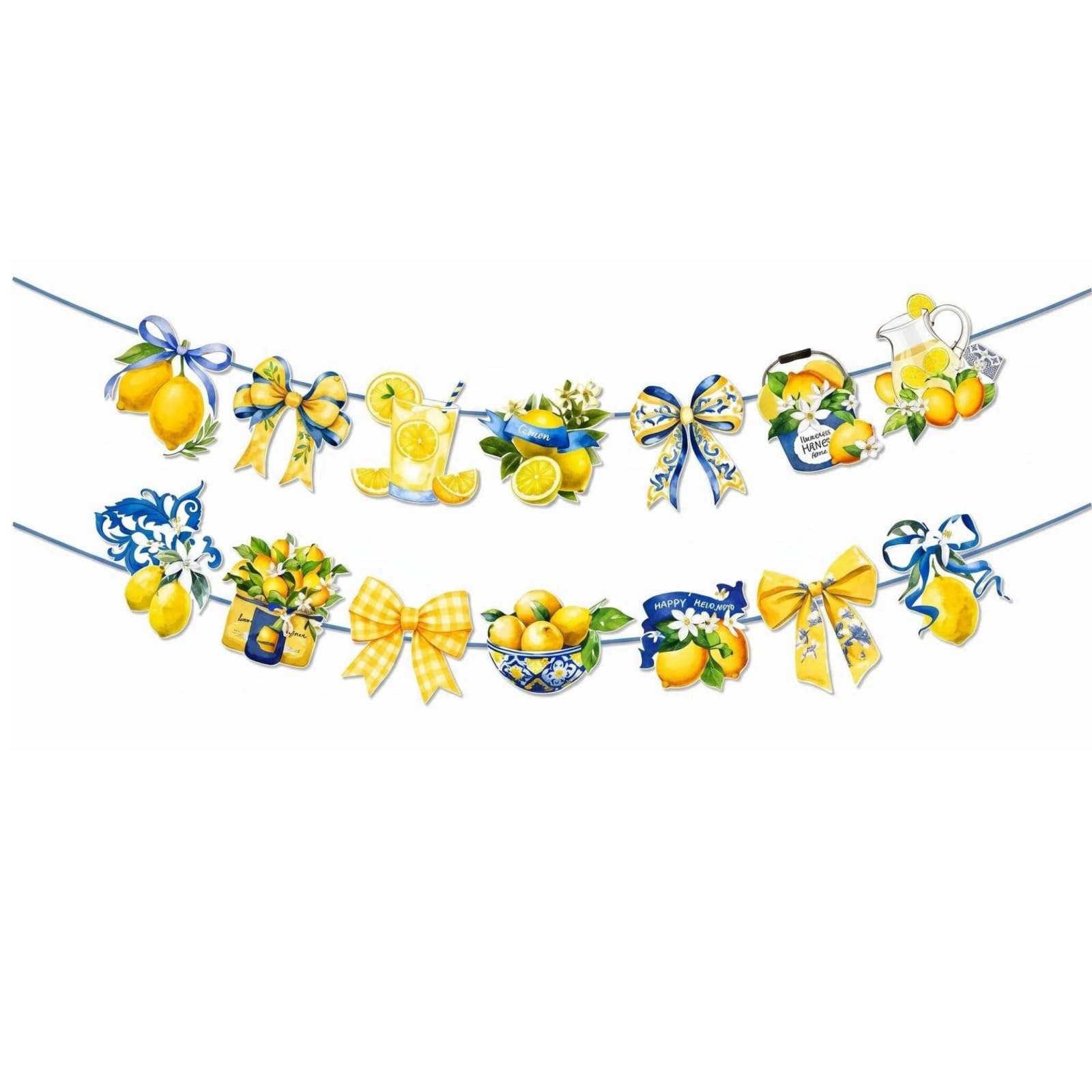 Mtbricey 2Pcs Lemon Party Decorations Banners, Blue Tiles Design Bunting for Lemonade Stand, Summer Backyard Birthday Supplies, Hawaiian & Lemon Themed Garland for Party Backyard Decor (2)