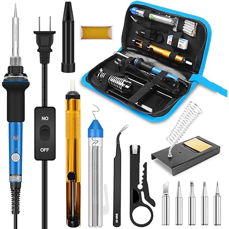 Soldering Iron, Soldering Iron Kit Electronics, 60W Adjustable Temperature Welding Tool, 5pcs Soldering Iron Tip, Soldering Iron Stand, Desoldering Pump, Tweezers, Solder Wire, Rosin, Carry Bag
