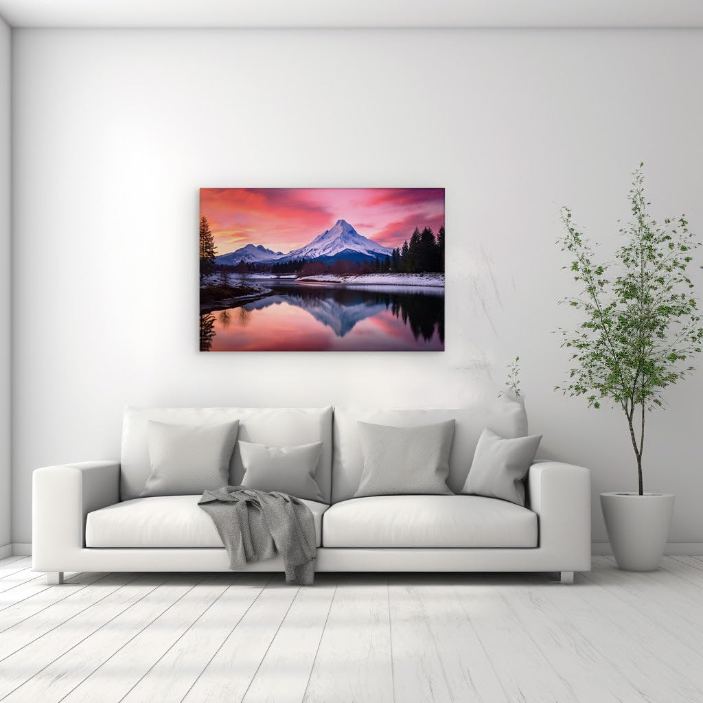 Canvas for Living room. Reflective Glory of Snow Peaks Serenity at Dusk, 27 x 18 inch Canvas Wall Art - Surrealistic Visions - Modern Home Decor