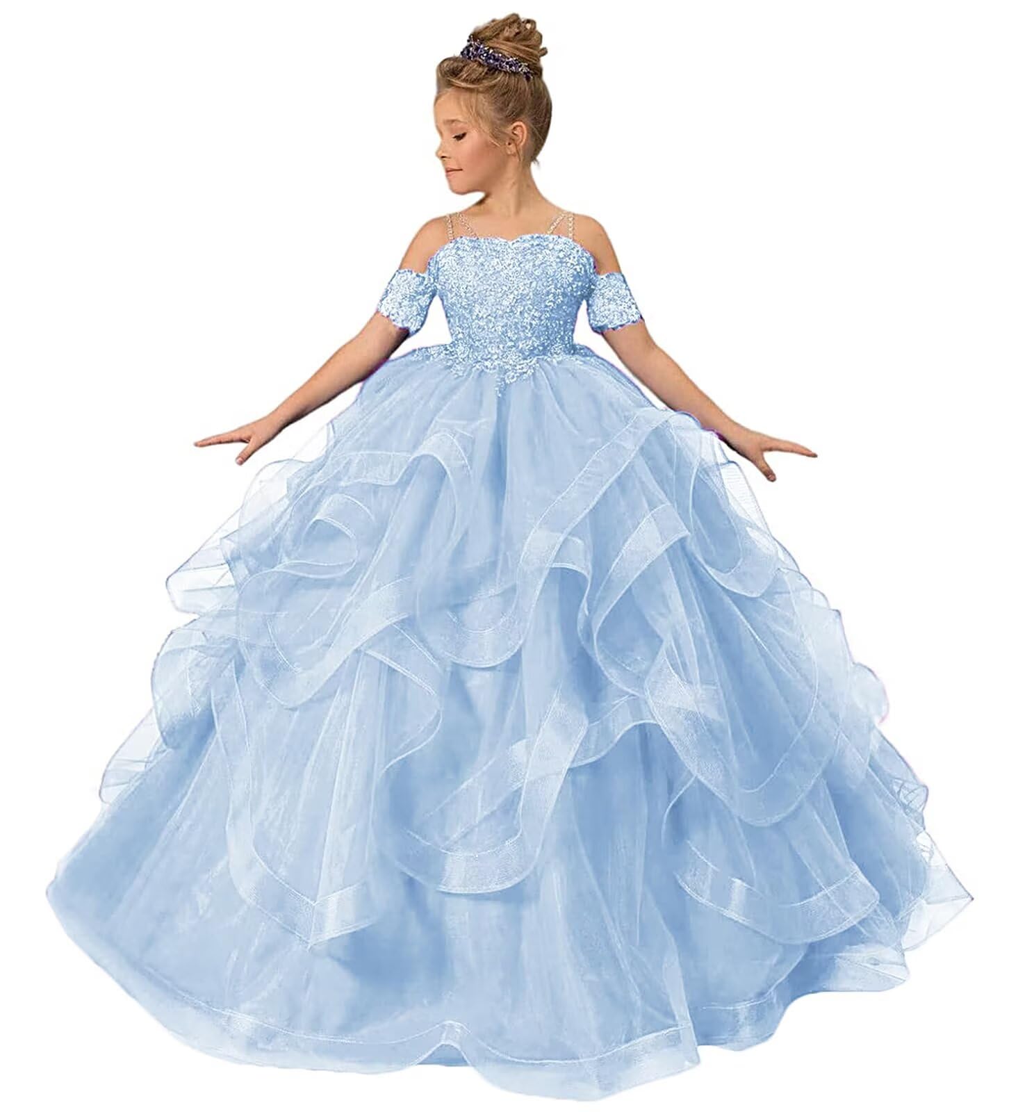 Tulle Flower Girl Dresses for Wedding Lace Applique Princess Ruffles Pageant Dress Long Party Ball Gown