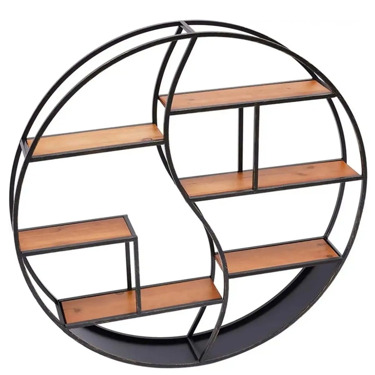 Divit Étagère murale ronde en bois avec cadre en métal - Étagère flottante avec 6 étagères - Diamètre : 68 cm - Noir