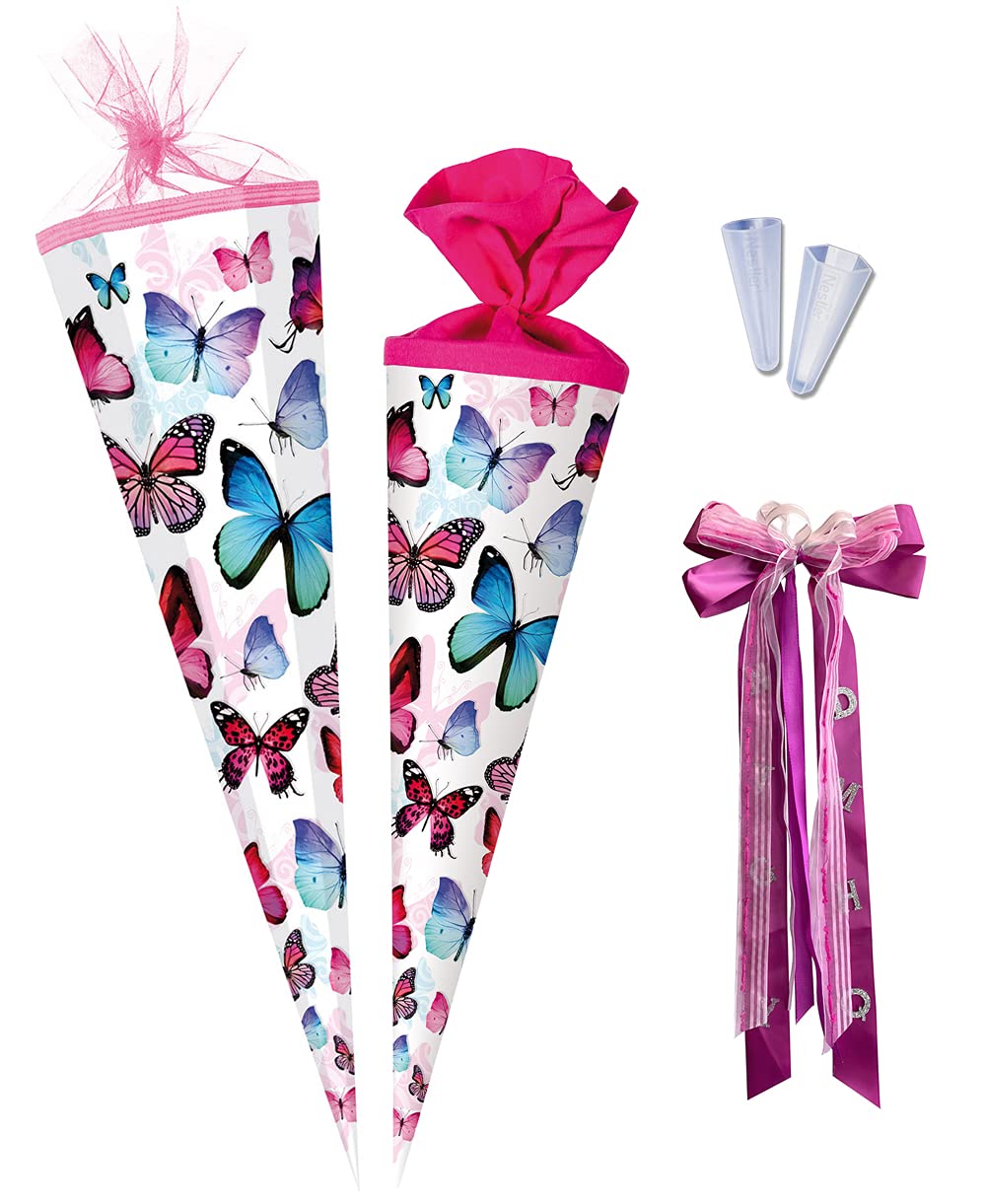 Nestler Schultüten-Set zum Befüllen, Handgemachte Zuckertüte aus Karton - Motiv Schmetterling, inkl. Spitzenschutz, Schleife (70 cm rund Nestler Schultüten-Set zum Befüllen, Handgemachte Zuckertüte aus Karton - Motiv Schmetterling, inkl. Spitzenschutz, Schleife (70 cm rund