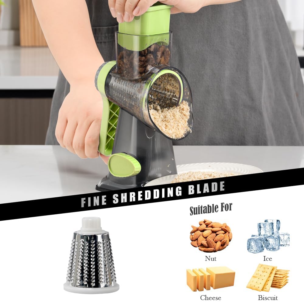 Badelite Rallador de queso con manivela giratoria, triturador de queso de acero inoxidable, rallador de verduras para cocina, 3 cuchillas para queso, zanahoria, pepino, nueces, chocolate, verde