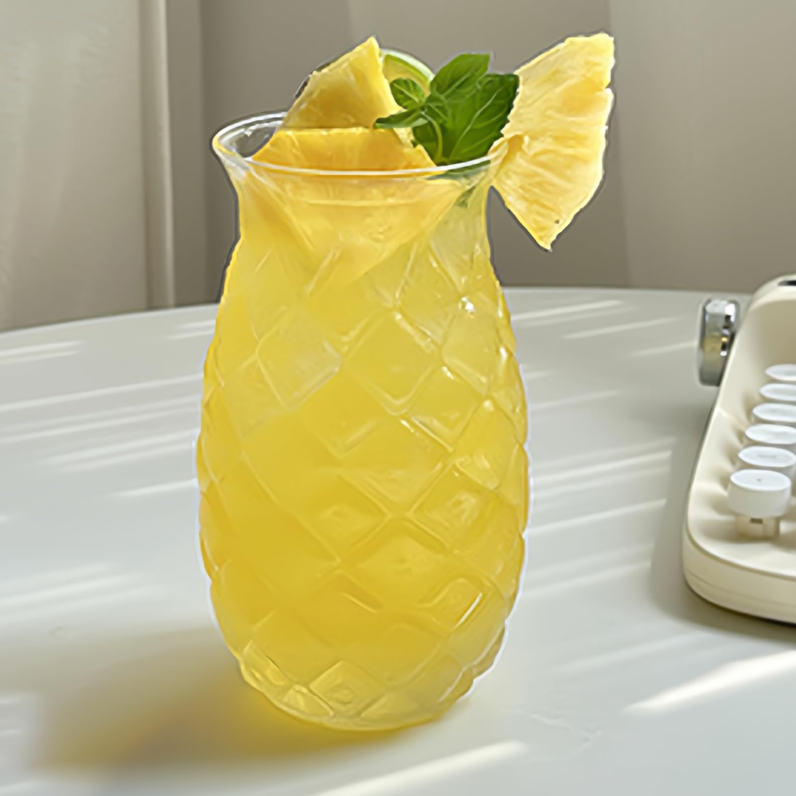 Set di 4 bicchieri di ananas: 400 ml, trasparenti da cocktail con rilievo di ananas, riutilizzabili, per feste, succhi di frutta, long drink, trasparenti in estate, perfetti per casa,