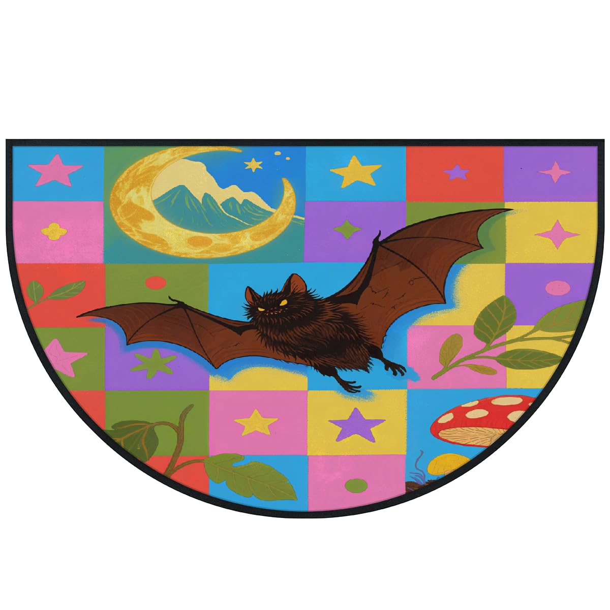 Große halbrunde Fußmatte – schwarzer Fledermaus-Mond-Teppich, rutschfest, saugfähig, halbrund, Eingangsbereich, niedlich, weich, halbrund, waschbar, Teppich für Küche, Badezimmer, Schlafzimmer